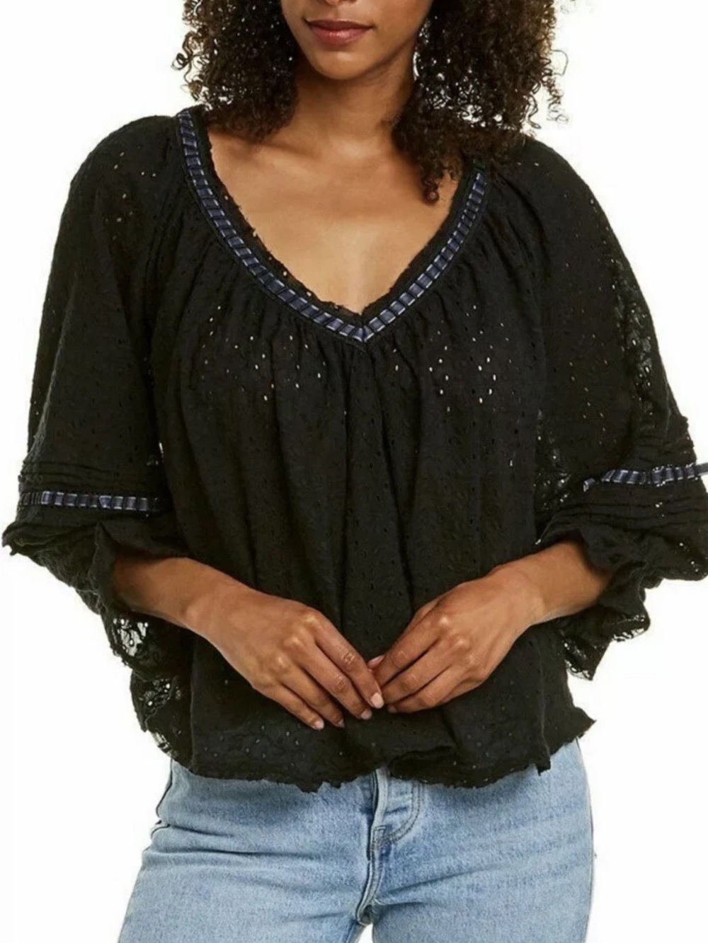Free People Darcy Black Eyelet V-Neck Womens Top Boho Peasant Blouse Size Medium - Picture 1 of 10